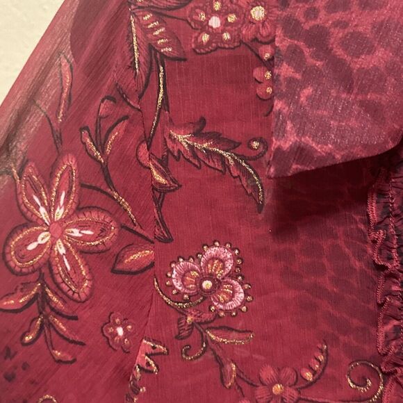 Koret Burgundy Floral Animal Print Ruffle‎ Sheer Blouse Top Size 12 - Picture 4 of 7